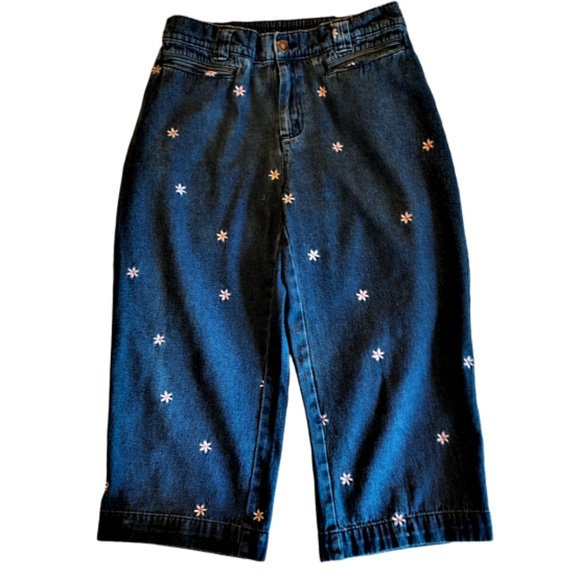 Basic Editions Denim Capris Jeans with Pink Flowers Elastic Waist in Back Size S - Picture 1 of 5
